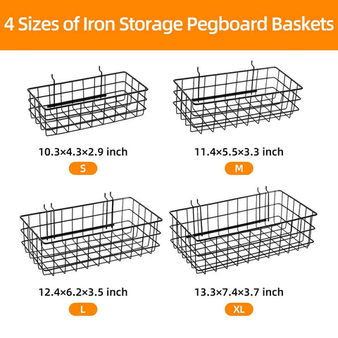 4 Pack Pegboard Baskets Set With Hooks, Square Style Pegboard Organizers For Workbench And Garage Storage, Heavy Duty Chrome Steel Bins In S M L XL Sizes, Each Holds Up To 30 Lbs, front view showing all sizes