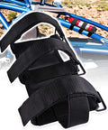 Close-up of Universal UTV Roll Bar Fire Extinguisher Holder with Velcro straps and black plated hardware installed on a UTV roll bar.