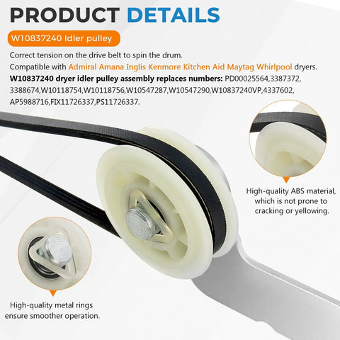 Upgraded Dryer Drive Belt Kit with Idler Pulley Kit 661570V 661570 279640 visible in close-up, showing W10837240 component