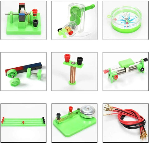 Hands On Physics Lab Kit For Electricity And Electromagnetism With Banana Plug System Complete Set For 30 Plus Experiments Ohm Law Motors Manual And Storage Bag For High School Students, green plastic parts and wires