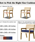Diagram showing steps to pick cushion size for chairs, including measurements, size options, and color choices for cushions.