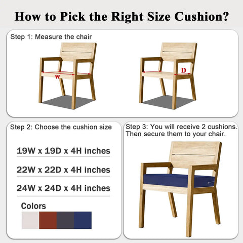 Diagram showing steps to pick cushion size for chairs, including measurements, size options, and color choices for cushions.