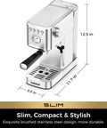 Slim Espresso Machine With Milk Frother, 20 Bar Italian Pump, Fast Heat 1350W, stainless steel silver, side view dimensions