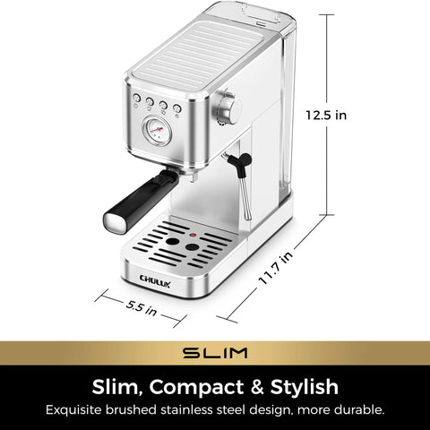 Slim Espresso Machine With Milk Frother, 20 Bar Italian Pump, Fast Heat 1350W, stainless steel silver, side view dimensions