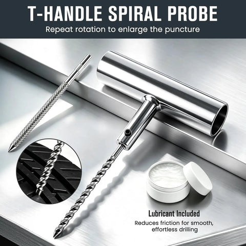 T-handle spiral probe tool from Heavy Duty 70 Piece Tubeless Tire Repair Kit With T Handle Puller And Rubber Plugs for easy puncture repair.