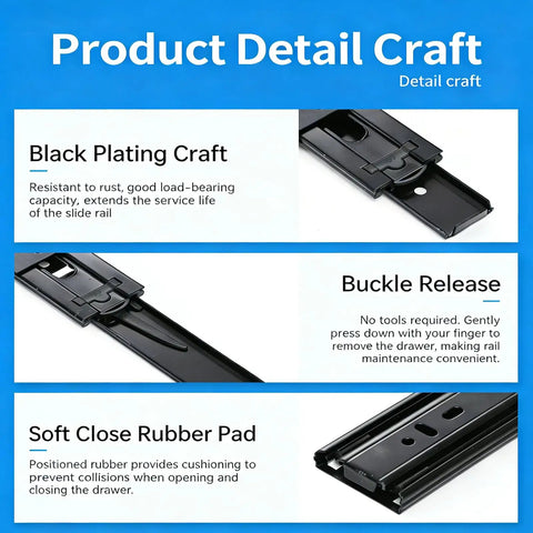 Soft Close Drawer Slides 20 Inch Heavy Duty 1 Pair Rugged Steel With Dual Ball Bearings For Smooth Quiet Opens And Long Lasting Durability Ideal For Kitchen Cabinets Dressers And Garage Drawers, black plated slide rail