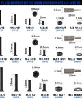 Diagram of Beefy Torx Countersunk Screws Set with M2 M2.5 M3 Bolts Nuts Washers showing dimensions and included wrenches.
