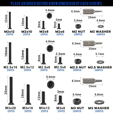 Diagram of Beefy Torx Countersunk Screws Set with M2 M2.5 M3 Bolts Nuts Washers showing dimensions and included wrenches.
