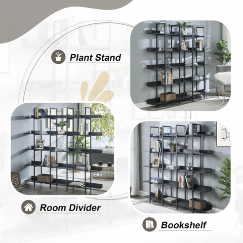 Three images of a Five Tier Open Bookcase With Industrial Steel Frame And MDF Shelves Anti Tip Kit Adjustable Feet Display.