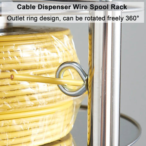 Heavy Duty Rotating Wire Spool Rack No Sweat Turntable Cable Caddy For Electrical Wire Storage showing 360° outlet ring design.