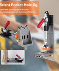 All Metal Pocket Hole Jig Kit for DIY Woodworking, Upgraded Dowel Screw Jig with red handles on clamp and base.