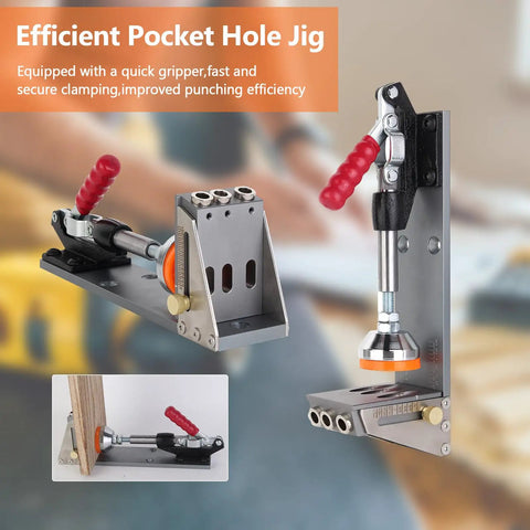 All Metal Pocket Hole Jig Kit for DIY Woodworking, Upgraded Dowel Screw Jig with red handles on clamp and base.