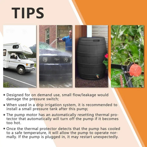 Tips for using 110 Volt Self Priming Water Pressure Pump For RV Caravan Boat and Marine, including pressure settings and thermal protection.