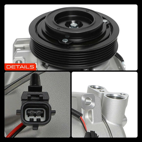 No Hassle Turnkey Air Conditioner AC Compressor With Clutch For Nissan Rogue 2.5L showing six groove pulley and connector detail.