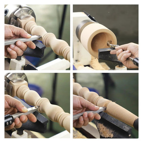 Carbide Wood Lathe Turning Tools Set With Bowl Sander And Aluminum Storage Box in use for precision wood cutting on lathe.