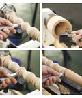 Carbide-tip wood lathe turning tool set with aluminum handle and 4 inserts; collage shows front/side/close-up views.