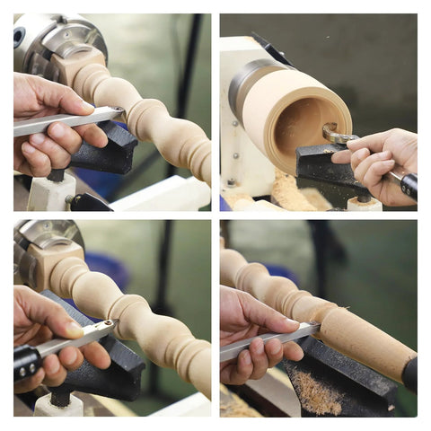 Carbide-tip wood lathe turning tool set with aluminum handle and 4 inserts; collage shows front/side/close-up views.