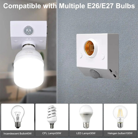 Motion Sensor Light Socket For E26 And E27 Bulbs Smart Auto On Off Lighting Adapter Motion Activated Lamp Holder For Hallways Corridors Staircases Garages And Storage Rooms Hands Free Energy Saver Convenience, white plastic