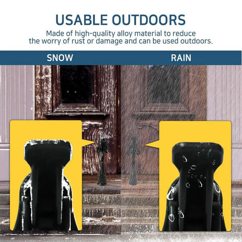 Heavy Duty Kickdown Door Stopper Set Of Four Built Tough bottom door holders shown outdoors in snow and rain.