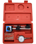 Front view of dial indicator with magnetic base kit in red plastic case; includes long-arm stand and assorted probe tips
