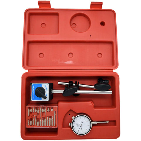 Front view of dial indicator with magnetic base kit in red plastic case; includes long-arm stand and assorted probe tips