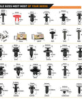 Must Have 941Pcs Car Retainer Clips And Auto Body Fasteners Kit showing 30 sizes with dimensions and types of clips and rivets.
