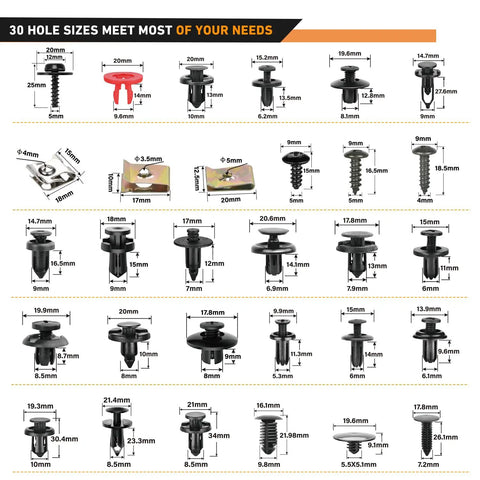 Must Have 941Pcs Car Retainer Clips And Auto Body Fasteners Kit showing 30 sizes with dimensions and types of clips and rivets.