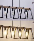 Four Light Kitchen Island Pendant Fixture, Dope Farmhouse Chandelier In Black And Warm Oak Finish, lit and unlit.