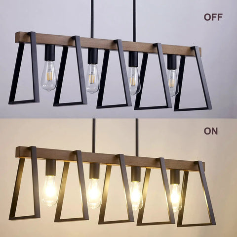Four Light Kitchen Island Pendant Fixture, Dope Farmhouse Chandelier In Black And Warm Oak Finish, lit and unlit.