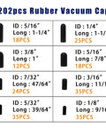 Chart showing sizes and quantities of Garage Grade Vacuum Cap Kit 202 Piece Set With 8 Size Assorted Vacuum Plugs And Hose End Caps