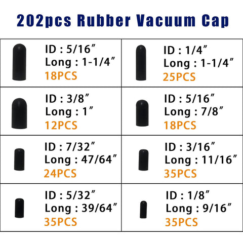 Chart showing sizes and quantities of Garage Grade Vacuum Cap Kit 202 Piece Set With 8 Size Assorted Vacuum Plugs And Hose End Caps
