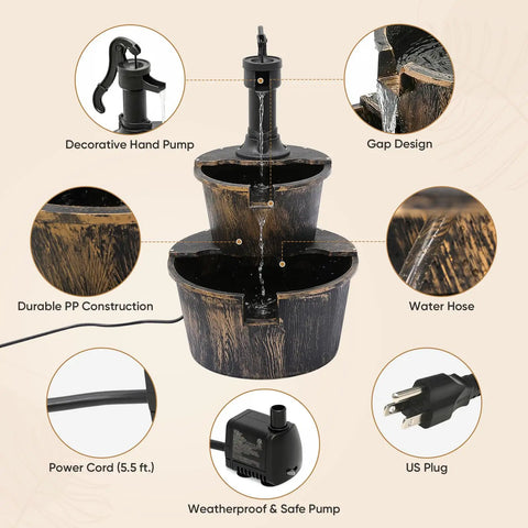 27 Inch Tall Outdoor Barrel Water Fountain With Two Tier Cascading Waterfall And Electric Recirculating Pump Bronze Garden Decor