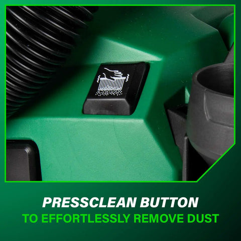 Close-up of Cordless 18V Wet Dry Vacuum Bare Tool showing PressClean button for easy dust removal.