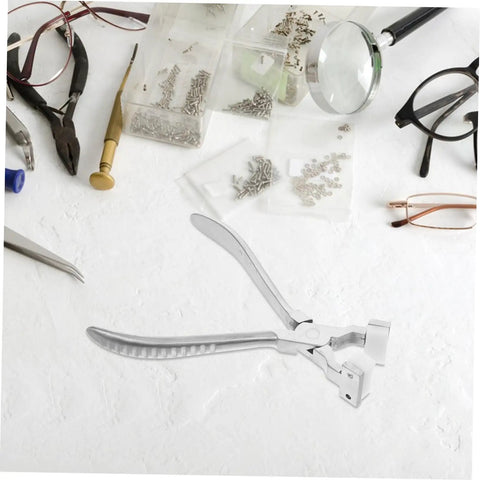 Eyeglass Adjustment Pliers for Nose Pad Screws Quick Fix Tool on a white work surface, surrounded by glasses repair tools and screws.