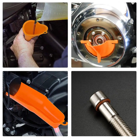 Drip-Free Oil Change Funnel Kit For Harley-Davidson Primary And Crankcase Fill Tool with Viton O-Rings shown in use