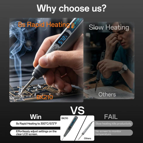 Cordless Soldering Iron Kit With 8S Rapid Heating And 3200mAh USB C Battery comparing heating speed in electronics repair.