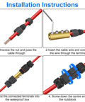Installation instructions for IP68 Weatherproof Junction Box for Outdoor Wiring featuring inline cable connectors and 80A screw terminals.