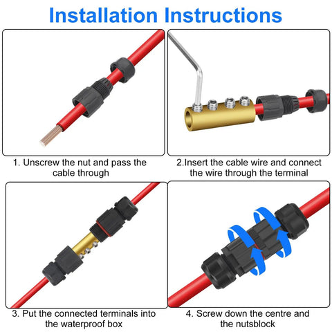 Installation instructions for IP68 Weatherproof Junction Box for Outdoor Wiring featuring inline cable connectors and 80A screw terminals.