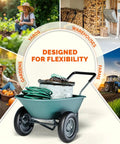 Two Wheel Wheelbarrow Yard Cart With Padded Handlebar And 14 Inch Pneumatic Tires shown transporting garden tools on farm.