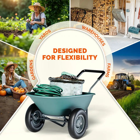 Two Wheel Wheelbarrow Yard Cart With Padded Handlebar And 14 Inch Pneumatic Tires shown transporting garden tools on farm.