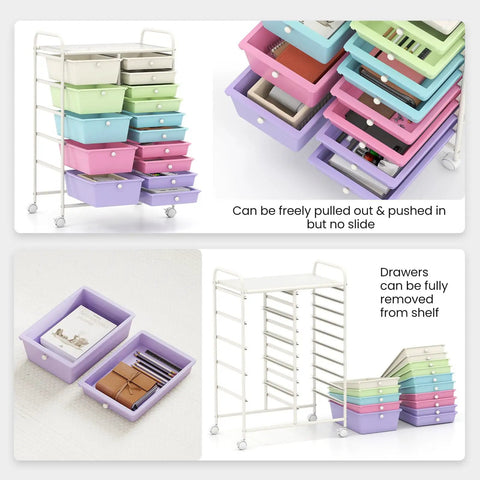 15 Drawer Rolling Storage Cart For Classroom And Office with pastel ice cream colors, lockable wheels, and removable drawers displayed.