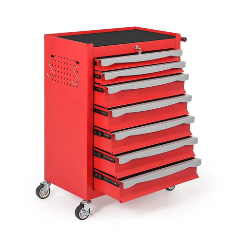 Red Seven Drawer Rolling Tool Chest With Lock Heavy Duty Modular Steel Toolbox Large Capacity Mobile Storage Cabinet