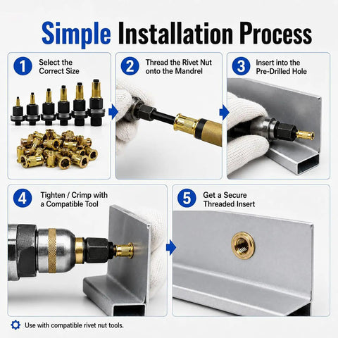 Pro Grade Heavy Duty Rivet Nut Tool Kit With Multi Size M3 To M12 Mandrel Set For Quick Fastening And Real Repairs, Carbon Steel Build, Includes Common Metric Rivnuts And Mandrels For Auto, Bike, And Metalworking Projects. installation steps with rivnuts and mandrels