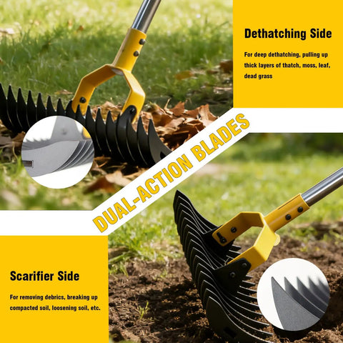 Close-up of 2 In 1 Lawn Dethatcher Rake With Dual Side Tines, showing heavy duty 15 inch rake head and adjustable 71.5 inch handle in action