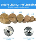 Set of wooden turning dowels labeled by diameters φ40 to φ10 with two metal lathe chucks below.
