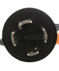 Close-up of a 4 Prong 30 Amp 125/250 Volt NEMA L14-30P Locking Plug To L6-30R Locking Female Connector, orange cable visible.