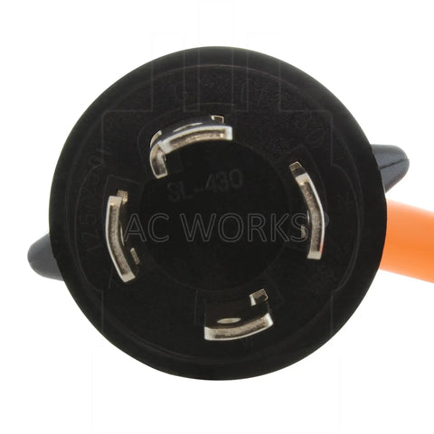 Close-up of a 4 Prong 30 Amp 125/250 Volt NEMA L14-30P Locking Plug To L6-30R Locking Female Connector, orange cable visible.