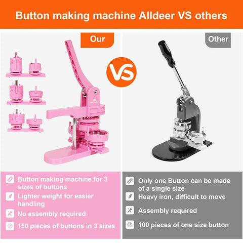 Awesome Vibrant Pink Button Maker Press With Three Size Dies And One Fifty Pcs Badge Supplies compared to a traditional button press.