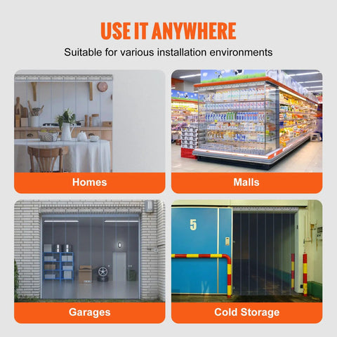 Clear PVC Strip Curtain 12 Pack For Walk In Freezers, Coolers And Warehouse Doors shown in home, mall, garage, cold storage environments.