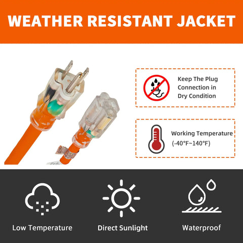 Weatherproof Indoor Outdoor Extension Cord With Lighted End UL Certified 12 Gauge 30ft 3 Prong SJTW Power Cable detail